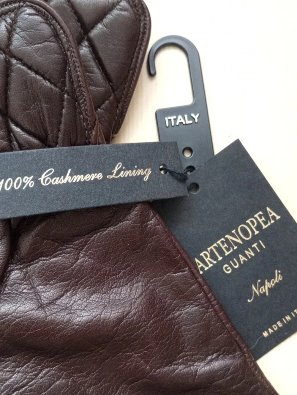 NWT Partenopea Quilted Leather Gloves Dark Brown Cashmere Lined Size Medium